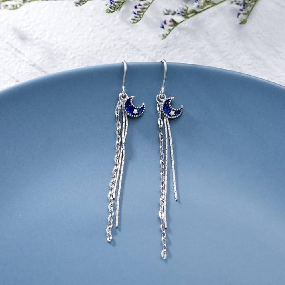 VONALA Crescent Moon Threader Earrings 925 Sterling Silver Blue Tassel New